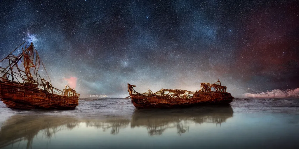 Prompt: glowing steel wool spinning around a detailed grounded shipwreck, aground, beautiful tropical beach at night time, puddle reflections!, night time, highly detailed, photorealistic, milky way is above, reflections, smooth, sharp focus, ultrawide, trending on artstation