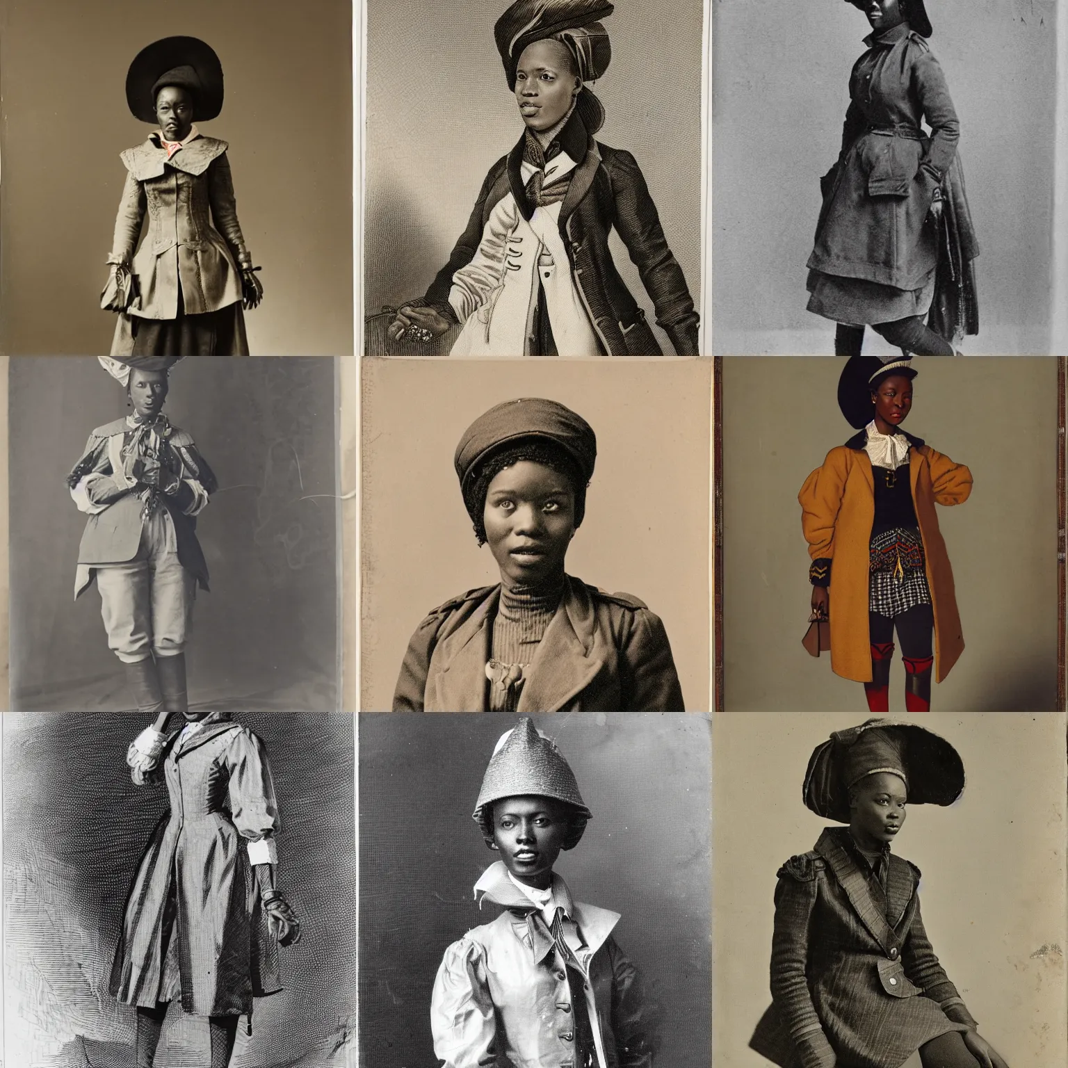 Prompt: A young African woman, wearing a mess coat, breeches, stockings, and tricorn hat