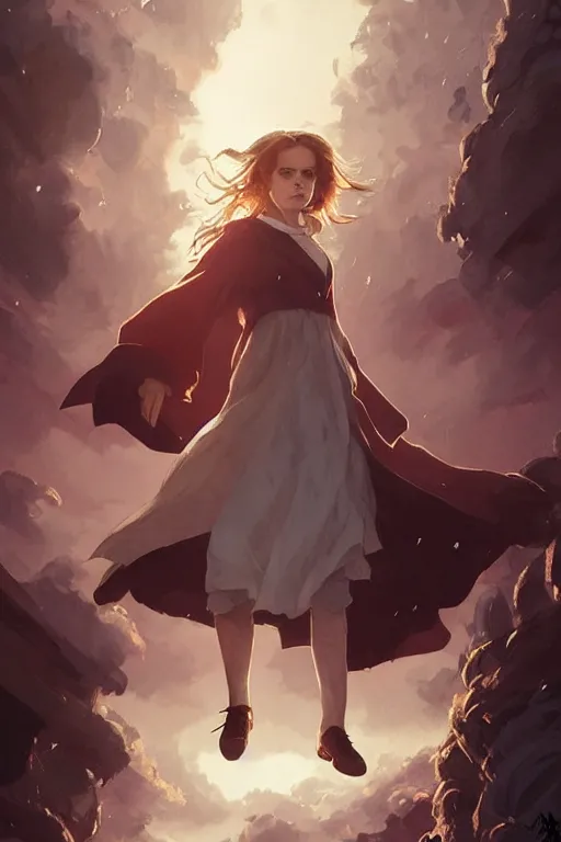 Prompt: Poster artwork, Emma Watson as Hermione Granger, wearing hogwarts robes, magnificent, medium shot, close up, details, sharp focus, elegant, highly detailed, illustration, by Jordan Grimmer and greg rutkowski and PiNe(パイネ) and 薯子Imoko and 香川悠作 and wlop!! and maya takamura, intricate, beautiful, Trending artstation, pixiv, digital Art