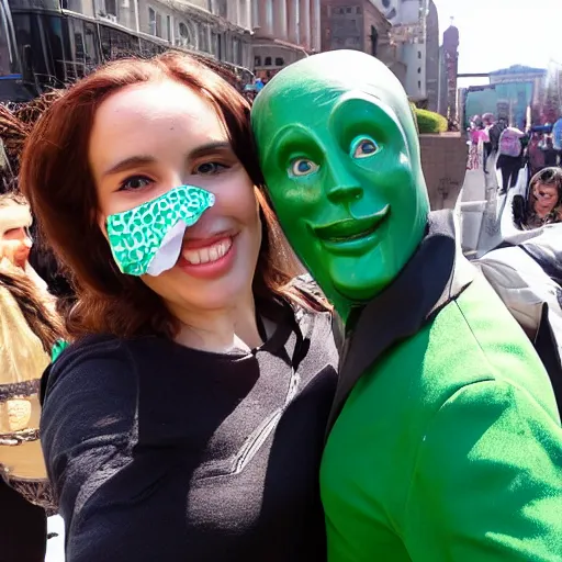 Image similar to a man in a green rubber mask takes a selfie with a girl