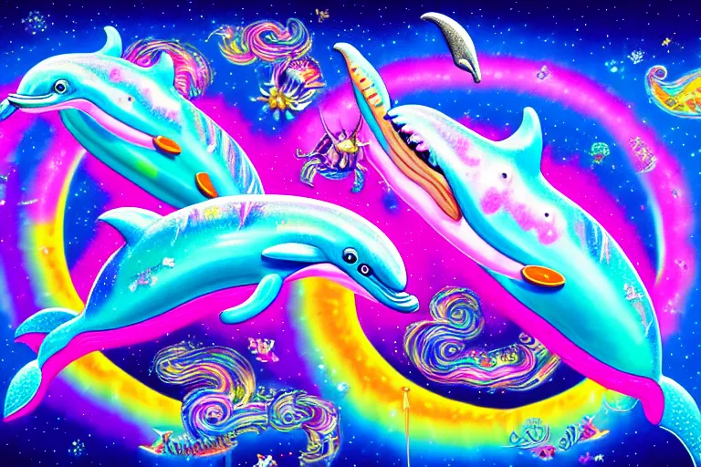 Image similar to lisa frank illustration of rebulon the ancient dolphin demon, by lisa frank and giger, masterpiece concept art, 8 k, intricate detail, cinematic lighting, epic pose, bright colors