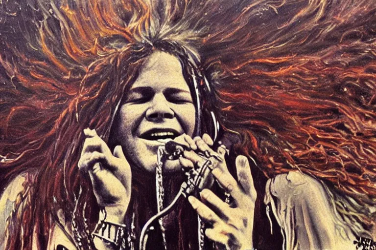 Image similar to highly detailed oil painting of janis joplin playing in woodstock 1 9 6 9, very realistic, top view, art nouveau, dramatic light,