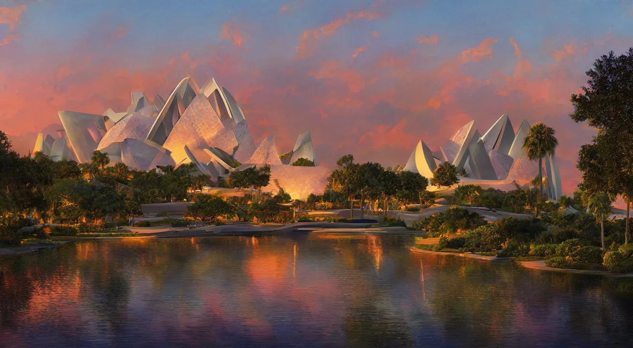 Image similar to a matte painting of spaceship earth taken at epcot at walt disney world, sunset, crowded by frank lloyd wright and zaha hadid torch volume light