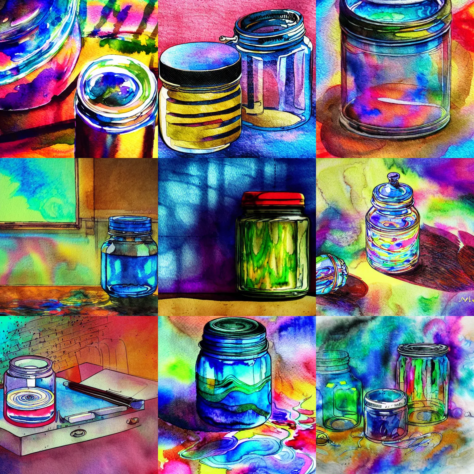 Prompt: painting of technical pen and glass canning jar of swirling ink shimmering on a desk, dramatic afternoon lighting, intense psychedelic watercolor, heavy metal, tilt shift, by moebius