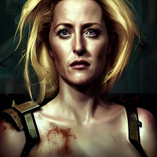 Prompt: gillian anderson portrait, dystopia core, apocalyptic, armor, warrior, dramatic, sharp focus, fiction, neon, fantasy, hyper detailed, digital art, trending in artstation, cinematic lighting, studio quality, smooth render, unreal engine 5 rendered, octane rendered, art style and nixeu and wlop and krenz cushart