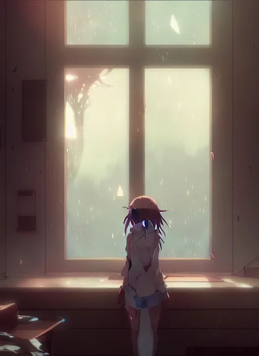 Image similar to [ background ] interior, near the window, rainy outside, illustration concept art anime key visual trending pixiv fanbox by wlop and greg rutkowski and makoto shinkai and studio ghibli