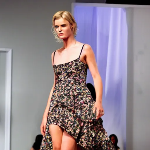 Prompt: Macgyver in a dress walking down a catwalk during fashion show