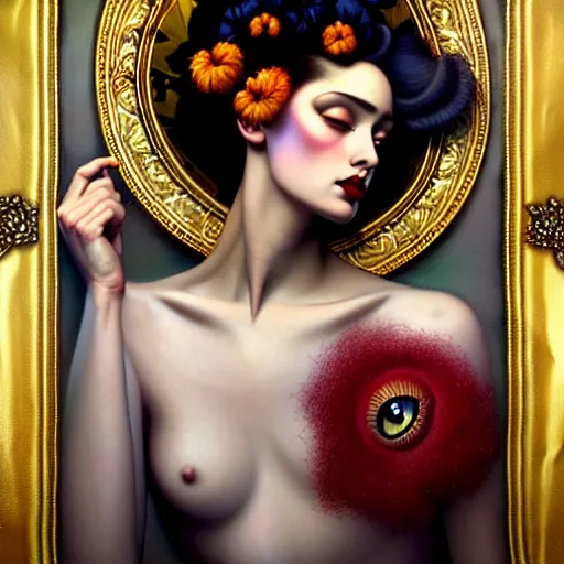 Image similar to dynamic composition, a painting of a woman with hair of flowers and raven plummage wearing ornate earrings, a surrealist painting by tom bagshaw and jacek yerga and tamara de lempicka and jesse king, featured on cgsociety, pop surrealism, surrealist, dramatic lighting, wiccan, pre - raphaelite, ornate gilded details