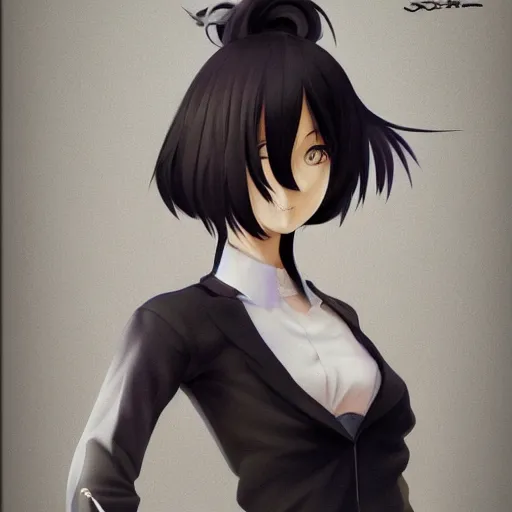 Image similar to luxury advertisement, astonishing portrait of a very beautiful anime schoolgirl with black bob hair, full perfect face, she is dancing. Realistic, highly detailed background, artstation, 120 degree view, drawn by Sasoura, Satchely and Akihiko Yoshida, no distortion