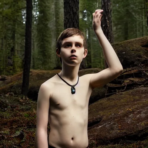 Prompt: a boy, around 2 6 yo. choker necklace. natural brown hair. loincloth, pale skin. detailed face. ominous and eerie looking forest in background. natural colors. hyperrealistic photo.