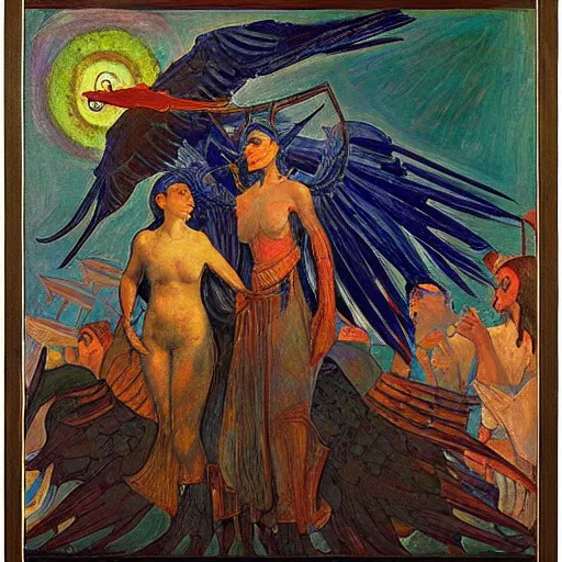 Prompt: war between the crow crown and the house of moths, by Annie Swynnerton and and Nicholas Roerich and Diego Rivera, symbolist, dramatic lighting, elaborate geometric ornament, god rays, rich colors,smooth, sharp focus, extremely detailed