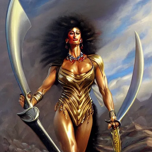 Image similar to detailed oil painting of tall hyper - muscular shining bronze - skinned warrior woman with silver eyes, with large sword, full body, with long wavy flowing black hair and big gold earrings, jewelry, red lipstick, makeup, feminine, volumetric lighting, dynamic composition, art by boris vallejo, scifi, concept art