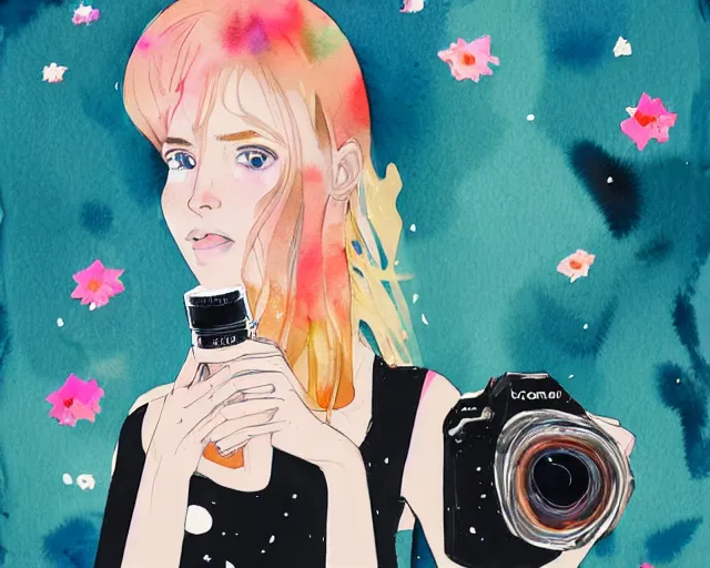 Prompt: pale young woman with bright blonde hair, freckles, bright eyes and a wide face, flowery dress, she is holding a professional dslr camera close to her face with one hand, dramatic lighting, bright flare, expressive, minimal watercolor art by conrad roset