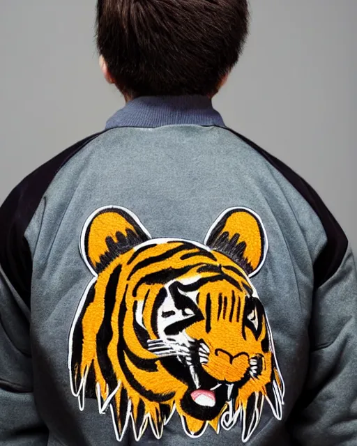 Image similar to photo back of a man wearing baseball jacket with a big tiger embrodery, irezumi, dark hangar background, centered, studio lighting, 1 5 0 mm