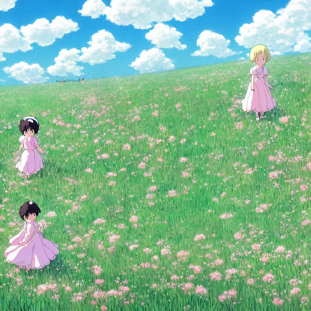 Image similar to little girl in princess dress, walking alone through a field of flowers, puffy clouds, beautiful, summer, calm, studio ghibli, art by hayao miyazaki, makoto shinkai