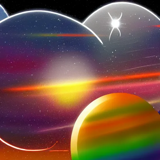 Image similar to Digital painting of a futuristic alien world with 3 moons and a rainbow haze