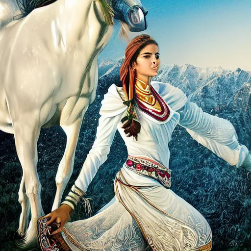 Image similar to full body shot of a beautiful young kurdish woman riding a beautiful white horse in the kurdish mountains art by martin ansin, highly detailed, 8 k, high resolution, award winning art, incredibly intricate, beautiful and symmetrical face