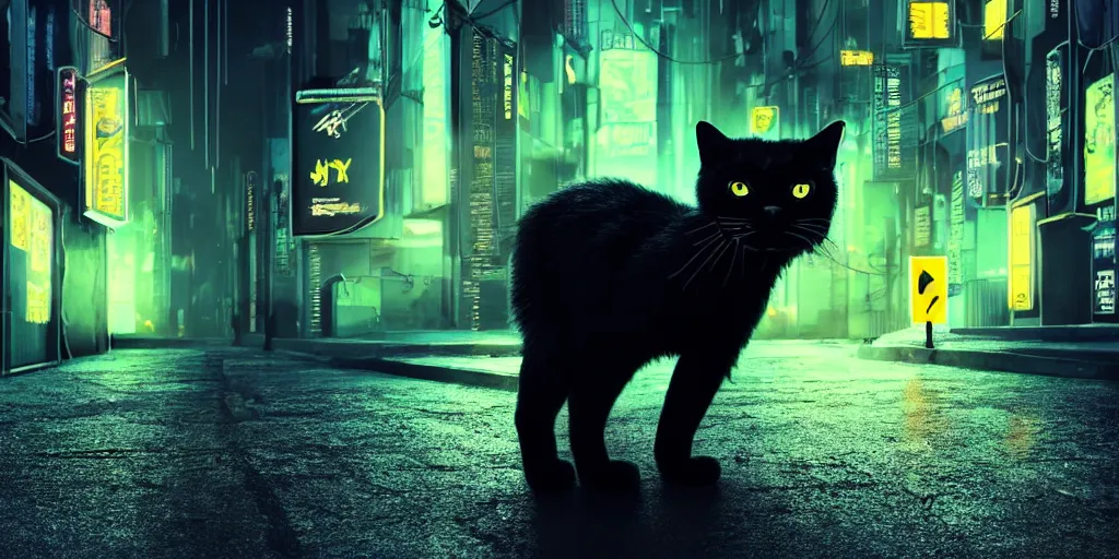 Prompt: a big black cat standing on the back paws and wearing yellow raincoat, cat is standing in the dark corner of a small badly lit street of a cyberpunk city