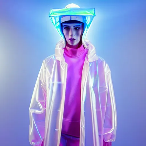 Prompt: an ultra high definition professional studio quality photograph of an artificial celebrity cyberpunk pop star wearing a transparent iridescent perspex pastel coloured face visor and matching raincoat on white coat hook in an empty white room. dramatic lighting. volumetric shadows. light rays
