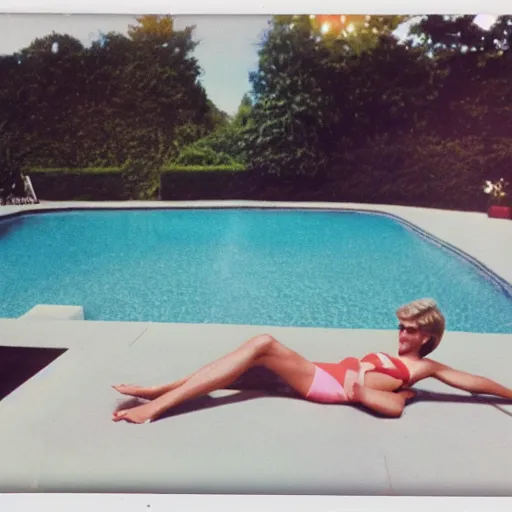 Image similar to found polaroid photo of princess diana laying out by the pool