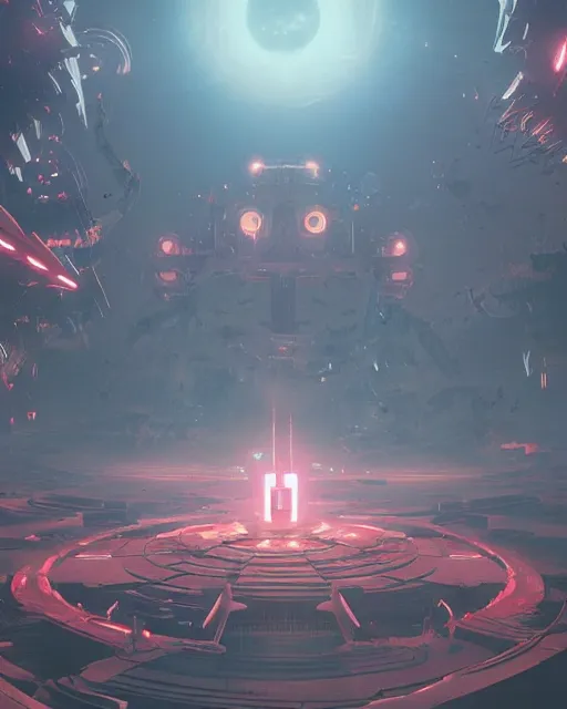 Image similar to beautiful landscape, nier automata, protoss temple!!!, machine planet, pink sun, colorful light, advanced technology, cinematic lighting, highly detailed, masterpiece, art by bastien grivet and darwin cellis and jan urschel