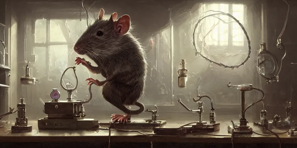 Image similar to highly realistic intricate rat standing on a desk in a laboratory with lots of flasks filled with magic liquids and poisonous fog, stephen bliss, unreal engine, fantasy art by greg rutkowski, loish, rhads, ferdinand knab, ilya kuvshinov, rossdraws, tom bagshaw, global illumination, radiant soft light, detailed and intricate environment