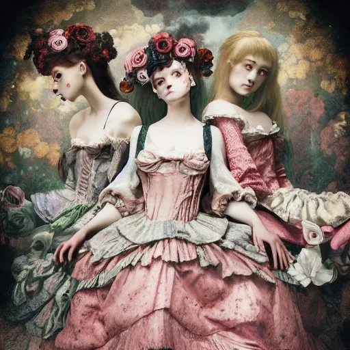 Image similar to 8k, octane render, realism, tonalism, rococo, renaissance, baroque, group of creepy young ladies wearing long harajuku manga dress with flowers and skulls, background chaotic flowers