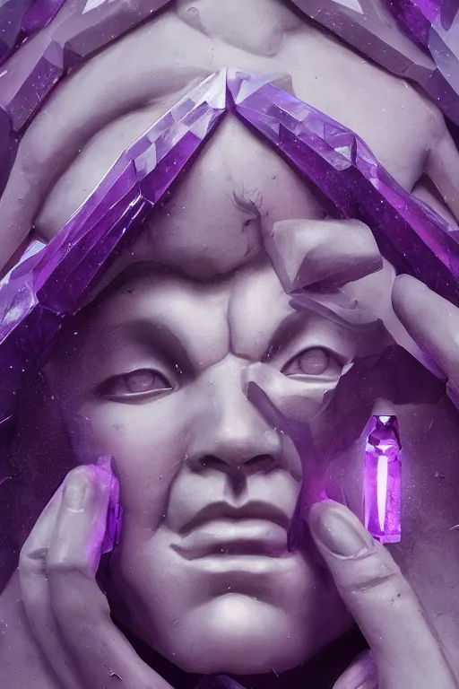 Image similar to A fancy portrait of a purple crystal statue by Greg Rutkowski, beeple, Sung Choi, Mitchell Mohrhauser, Maciej Kuciara, Johnson Ting, Maxim Verehin, Peter Konig, final fantasy, macro lens , 8k photorealistic, cinematic lighting, HD, high details, dramatic, dark atmosphere, trending on artstation