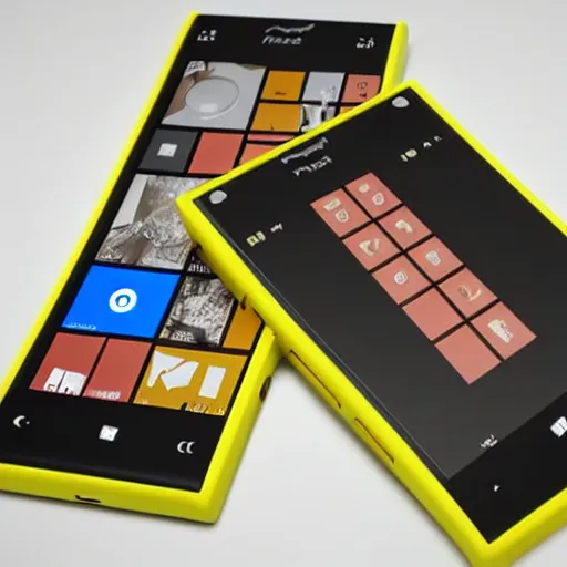 Image similar to a highly detailed render of a modern day yellow nokia lumia phone with a bezelless screen and hole punch camera