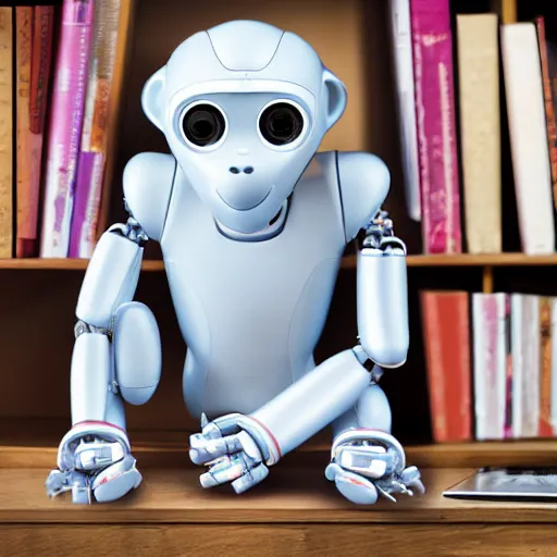 Image similar to small robotic monkey on bookshelf, product photo, detailed, 4k