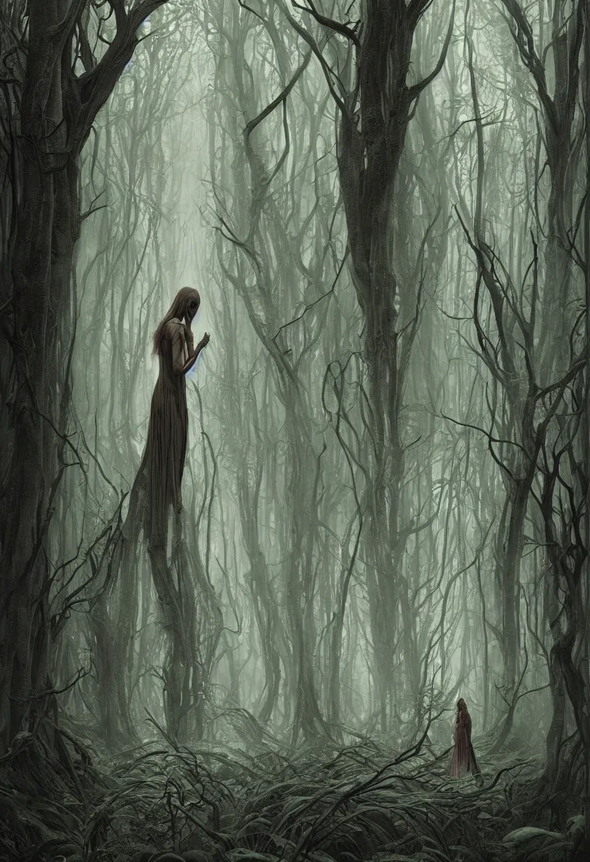 Image similar to a beautiful woman in a spooky forest, by daniel - by greg rutkowski and raymond swanland hr giger and zdzislaw beksinski and alphonse mucha and moebius, matte painting, hyperdetailed, symmetry, art nouveau, beautiful render, concept art