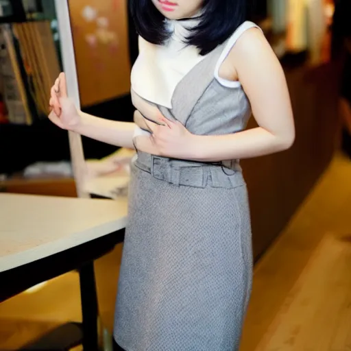 Image similar to a pretty young girl of 2 5, japanese, with big eyes, short shoulder - length hair and a suit ， by sam yang