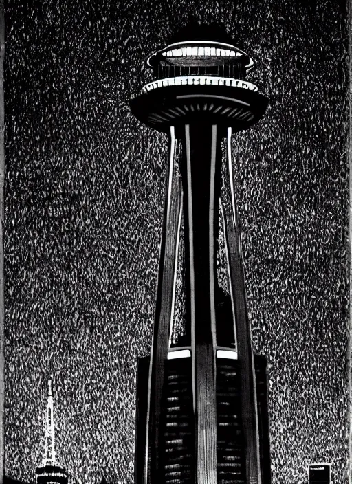 Prompt: king kong on the Seattle Space Needle at night, with moon in background, dark colors, sinister atmosphere, dramatic lighting, cinematic, establishing shot, extremely high detail, photo realistic, cinematic lighting, pen and ink, intricate line drawings, by Yoshitaka Amano, Ruan Jia, Kentaro Miura, Artgerm, post processed, concept art, artstation, matte painting, style by eddie mendoza, raphael lacoste, alex ross