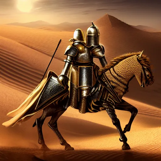 Image similar to Realistic photo of the king of the Desert in Battle, Knight with a golden helmet and a Silver Armour, Sand, Heroic Battle Scene, dark fantasy, intricate, cinematic lighting, highly detailed, digital art, trending on Artstation, 8k, photorealistic