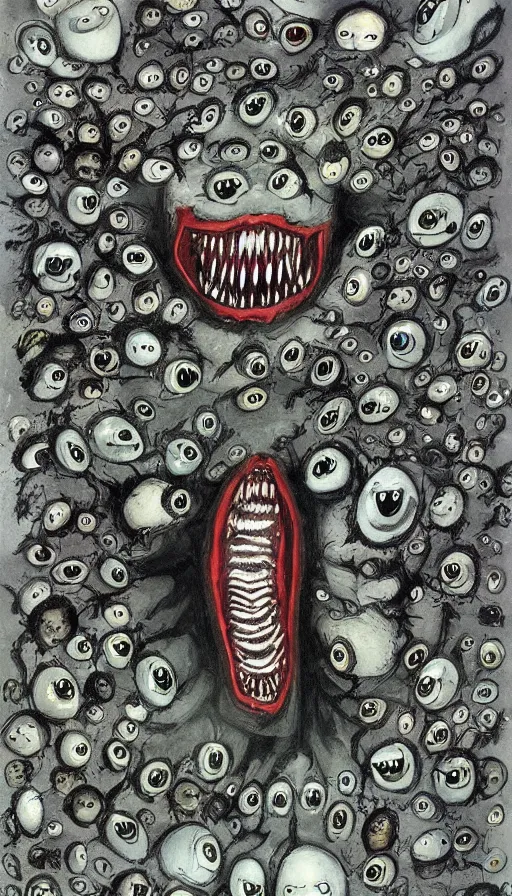 Prompt: a storm vortex made of many demonic eyes and teeth, by raymond briggs