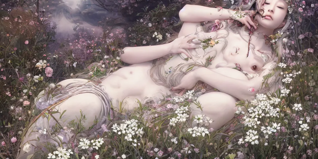 Prompt: breathtaking detailed concept art painting of the sleeping in field goddess of white flowers, orthodox saint, with anxious, piercing eyes, ornate background, amalgamation of leaves and flowers, by Hsiao-Ron Cheng, James jean, Miho Hirano, Hayao Miyazaki, extremely moody lighting, 8K