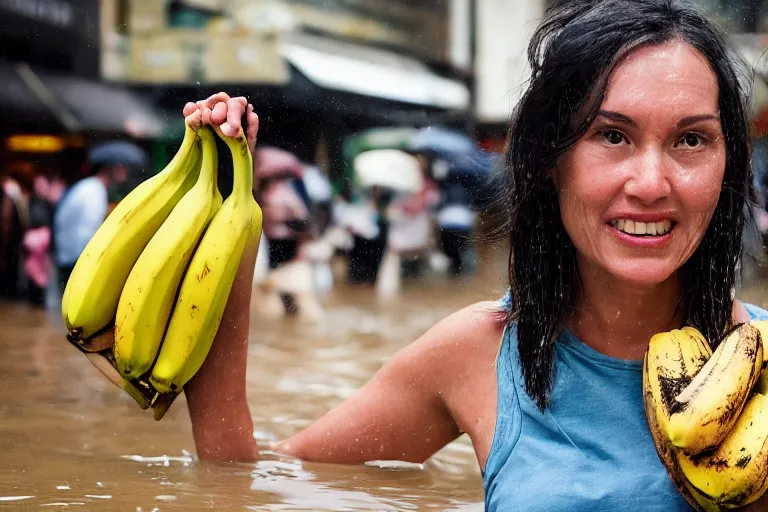 Image similar to closeup portrait of a woman carrying a bunch of bananas over her head in a flood in Rundle Mall in Adelaide in South Australia, photograph, natural light, sharp, detailed face, magazine, press, photo, Steve McCurry, David Lazar, Canon, Nikon, focus