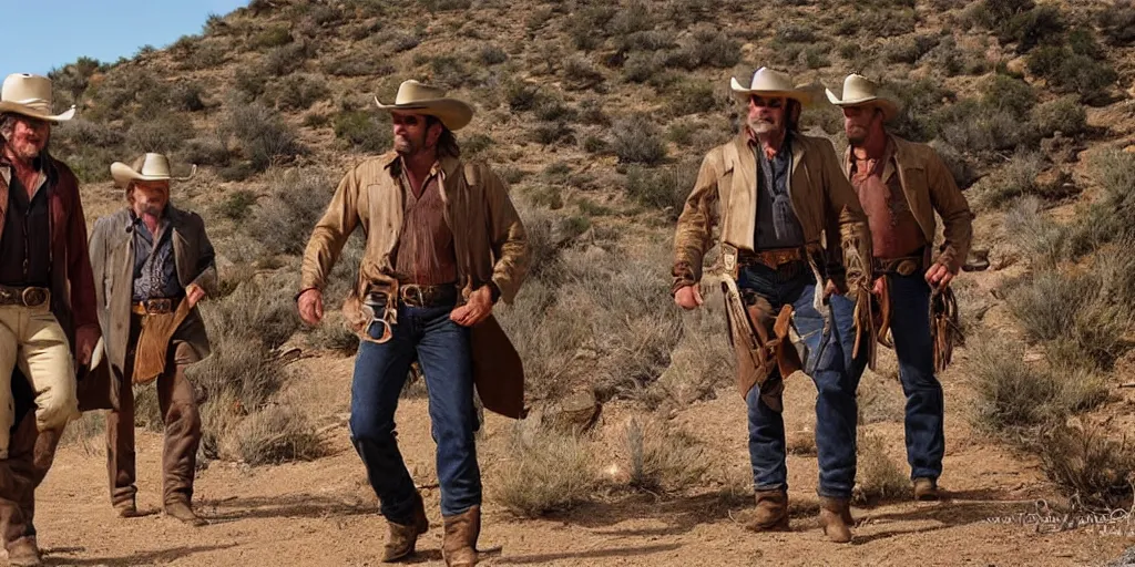 Image similar to 2 cowboys, Kurt Russel and Dave Bautista, on the old west mountain trail