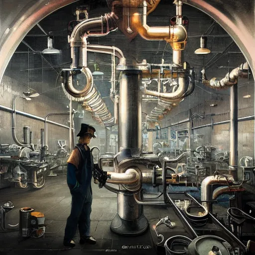 Image similar to beautiful plumber posing in factory, portrait, perfect symmetrical eyes, cinematic by peter mohrbacher, detailed, hyperrealism