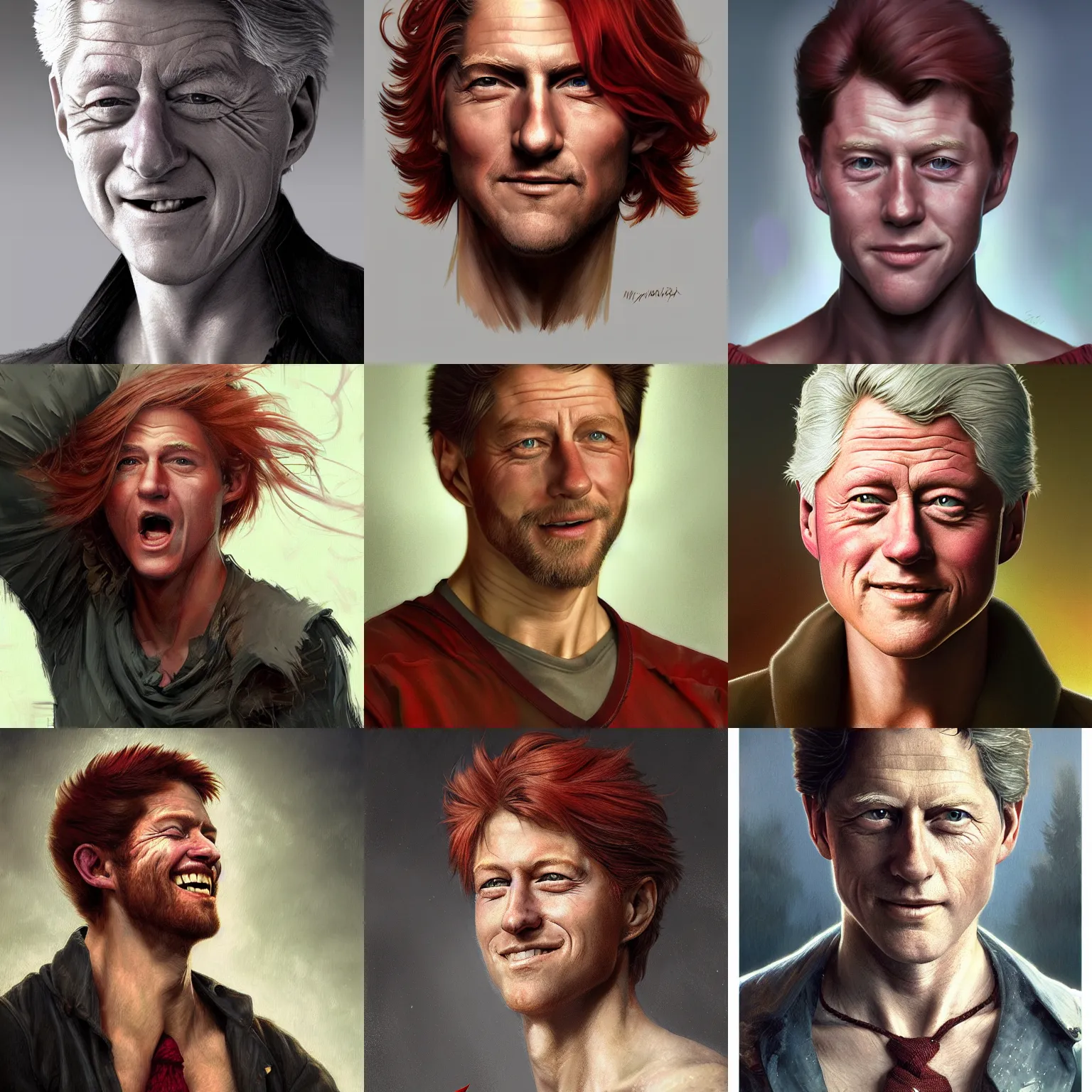 Prompt: portrait of a young ruggedly handsome but joyful bill clinton, male, masculine, upper body, red hair, long hair, d & d, fantasy, fierce, sharp features, intricate, elegant, highly detailed, digital painting, artstation, concept art, matte, sharp focus, illustration, art by artgerm and greg rutkowski and alphonse mucha