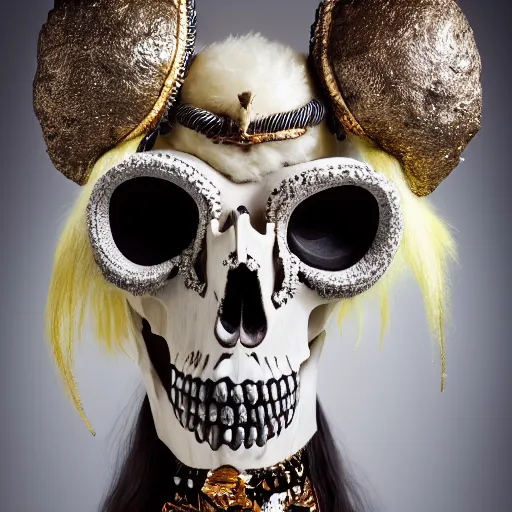 Image similar to a photographic portrait of a anthropomorphic norse mythology mimosa, wearing furry clothes and artifact head gear made of deer horn and skull bones embaded with jewels in the style of heilung an experimental folk music band, elegant, highly detailed, hyper realism, 4k, DSLR, artstation, smooth, sharp focus, octane render, 3d, good clear quality, lighting, biology, symmetrical artwork, perfect face, high detail, octane render