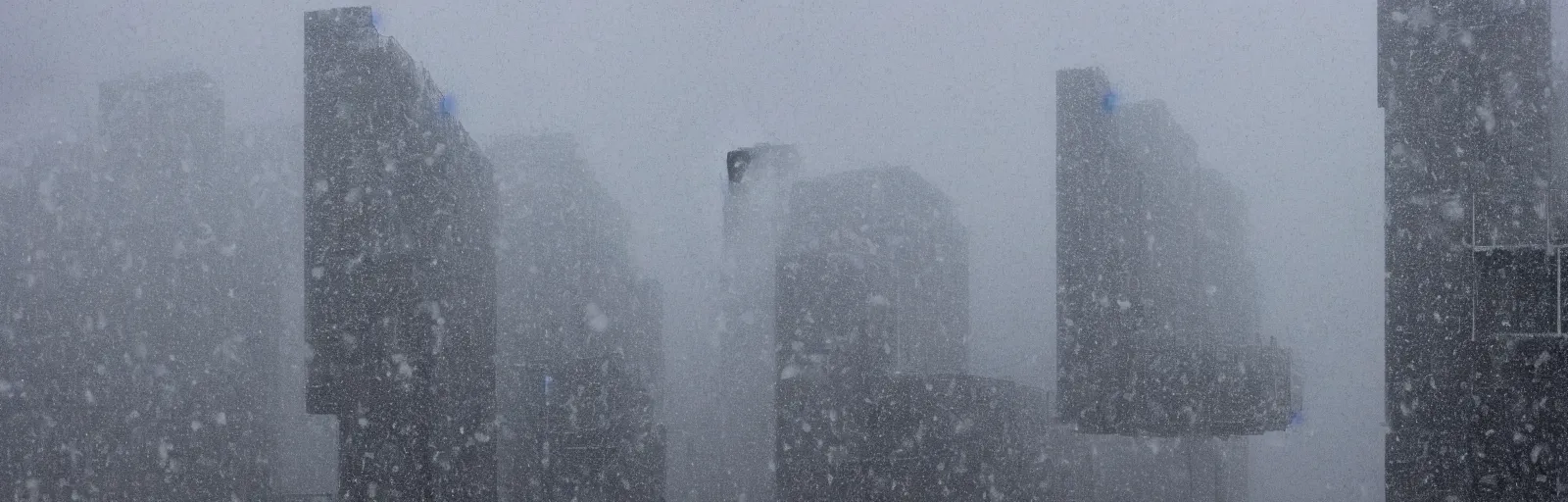 Image similar to snow falling on complex, geometric brutalist buildings, fragmented architecture, diagonal shapes, complex ramps, balconies, stairways, sharp focus, clear focus, beautiful, award winning architecture, le corbusier, frank lloyd wright, snow, fog, mist, hopeful, quiet, calm, serene