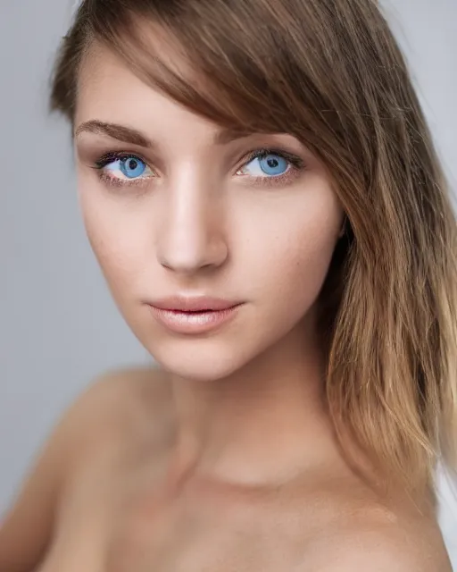 Image similar to a highly realistic, true to life portrait of a beautiful young caucasian girl, sharp focus, from the waist up, with sharp features, a beautiful face, soft smile, under studio lighting, taken with a canon eos camera with 1 3 5 mm focal length