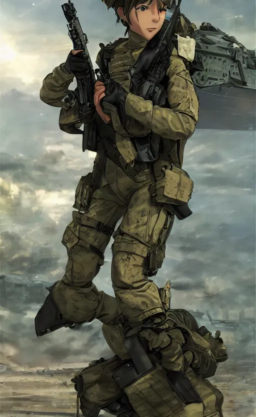 Image similar to girl, trading card front, future soldier clothing, future combat gear, realistic anatomy, concept art, professional, by ufotable anime studio, green screen, volumetric lights, stunning, military camp in the background, metal hard surfaces, focus on doing the face right, strafing attack plane