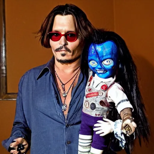 Image similar to Johnny Depp hanging out with Chucky the killer doll