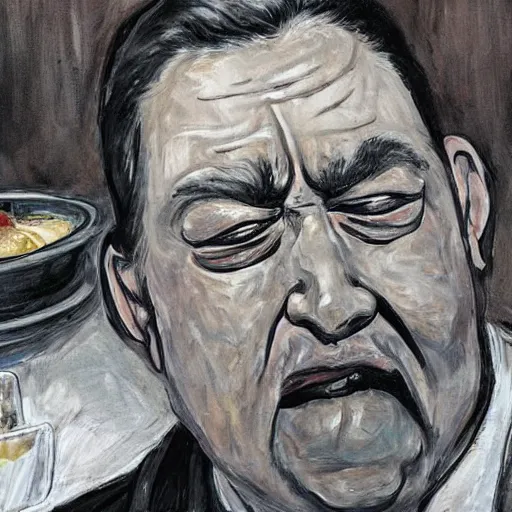 Image similar to a tall man crying at an all you can eat buffet, high detail, hyper realism