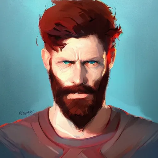 Image similar to portrait of a super friendly man by greg rutkowski, he is about 3 0 years old, english, short red hair, blue eyes, short red beard, highly detailed portrait, digital painting, artstation, concept art, smooth, sharp foccus ilustration, artstation hq