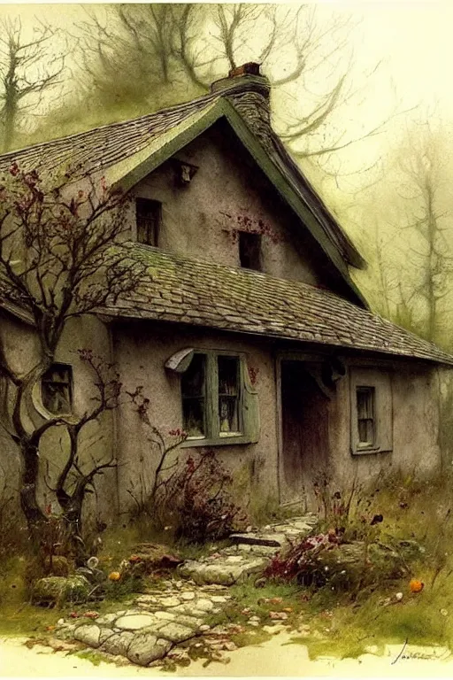 Prompt: (((((1950s witches cottage in the woods . muted colors.))))) by Jean-Baptiste Monge !!!!!!!!!!!!!!!!!!!!!!!!!!!