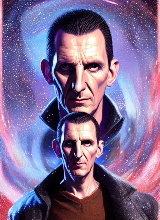 Image similar to portrait of the ninth doctor from doctor who, intricate, elegant, glowing lights, highly detailed, digital painting, artstation, concept art, smooth, sharp focus, illustration, art by wlop, mars ravelo and greg rutkowski