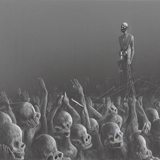 Image similar to concert photograph of death grips, mc ride, zach hill, andy morin, death grips, playing a concert in a desolate brutalist wasteland, painted by zdzislaw beksinski